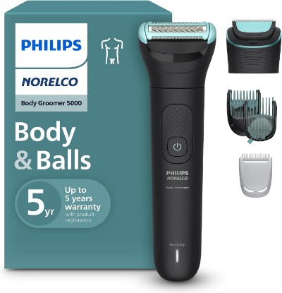 Picture of Philips Norelco Body Groomer 5000 Series, Intimate Hair Shaver & Trimmer for Men with Interchangeable & Adjustable Full Body Trim & Shave Heads, 100% Showerproof, BG5490/50 | Skin-Friendly Dual Head Trim & Shave, Triple Skin Protect System, 11 Lengths, 100-Min Runtime, 100% Showerproof, BG5490/50