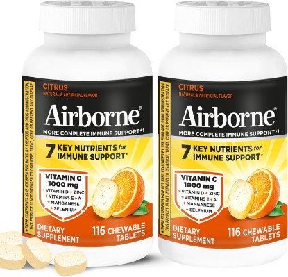 Picture of Airborne 1000mg Vitamin C + Zinc Immune Support Supplement Chewable Tablets, Citrus Flavor with Powerful Antioxidants Vitamins A C & E, 116 Chewable Tablets (2 Pack)