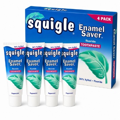 Picture of Squigle Enamel Saver Toothpaste (Canker Sore Prevention & Treatment) Prevents Cavities, Perioral Dermatitis, Bad Breath, Chapped Lips - 4 Pack