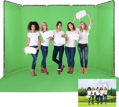 Picture of 7.87ftx16.4ft Large Chromakey Green Screen Backdrop Kit with Stand | Professional Portable Photography Background with Support System for Photo Studio Video Shoot, Live Streaming, Party, Stage