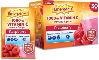 Picture of Emergen-C Vitamin C 1000mg Immune Support Powder, Raspberry, 30 Packets | B Vitamins for Energy, Zinc and Manganese, Electrolytes, Vitamin D, Caffeine Free, Natural Flavor