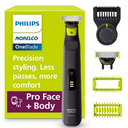 Picture of Philips Norelco OneBlade Pro 360 Face + Body Trimmer and Shaver | 360 Blade Technology, 14-Length Comb, Wet or Dry Use, 100% Showerproof, Body Kit Included, 90-Min Runtime, QP6542/70 GreenCircle Certified: Certified Environmental Facts Label