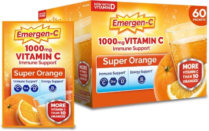 Picture of Emergen-C 1000mg Vitamin C Immune Support Powder, Super Orange, 60 ct | B Vitamins for Energy, Zinc and Manganese, Vitamin D, Electrolytes, Natural Flavor, Dissolves Quick GreenCircle Certified: Certified Environmental Facts Label