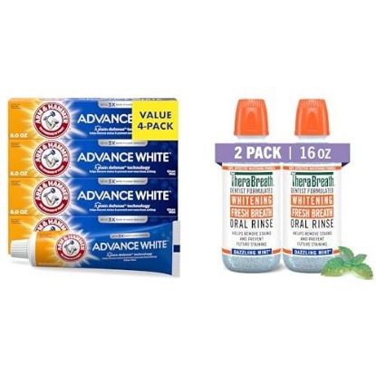 Picture of Bundle of Arm & Hammer Advance White Toothpaste, (Pack of 4) + TheraBreath Whitening Mouthwash, Dazzling Mint, Dentist Formulated, 16 Fl Oz (2-Pack)