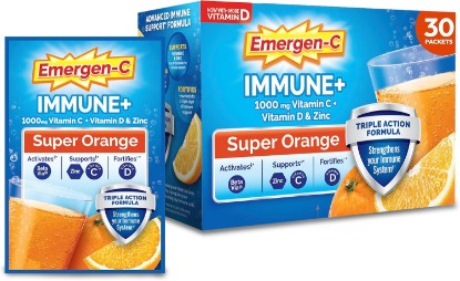 Picture of Emergen-C Immune+ Triple Action Immune Support Powder, Super Orange, 30 ct | With BetaVia (R), 1000mg Vitamin C, B Vitamins, Vitamin D and Antioxidants, Super Orange, Back to School Essentials GreenCircle Certified: Certified Environmental Facts Label