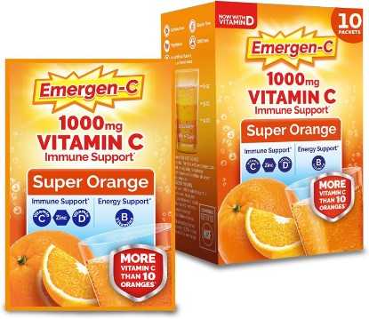 Picture of Emergen-C 1000mg Vitamin C Immune Support Powder, Super Orange, 10 ct | B Vitamins for Energy, Zinc and Manganese, Electrolytes, Natural Flavor, Caffeine Free, Portable GreenCircle Certified: Certified Environmental Facts Label