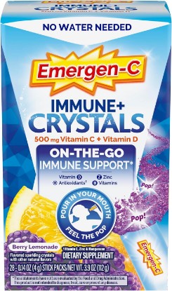 Picture of Emergen-C Immune Plus Crystals, On-the-Go Immune Support Supplement with Vitamin C, Vitamin D, B Vitamins, Zinc and Manganese, Berry Lemonade, Back to School Essentials - 28 Stick Packs