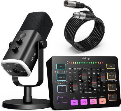 Picture of FIFINE Gaming Equipment Bundle, Dynamic XLR/USB Gaming Microphone Set with Streaming Audio Mixer for Podcast Recording Video Vocal, RGB Gamer Set with Volume Fader/XLR Interface for PC-AmpliGame KS5 Global Recycled Standard