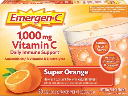 Picture of Emergen-C 1000mg Vitamin C Powder for Daily Immune Support Caffeine Free Vitamin C Supplements with Zinc and Manganese, B Vitamins and Electrolytes, Super Orange Flavor - 30 Count