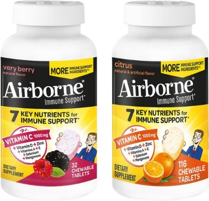 Picture of Airborne 1000mg Vitamin C + Zinc Immune Support Supplement Chewable Tablets, Very Berry & Citrus Flavor with Powerful Antioxidants Vitamins A C & E, 116 Chewable Tablets (Very Berry + Citrus)