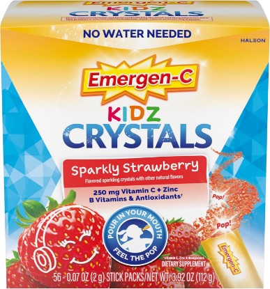 Picture of Emergen-C Kidz Vitamin C 250mg Crystals, Strawberry, 56 Packets | No Water Needed, B Vitamins for Energy, Zinc and Manganese, Easy Pouch Format, Kids Crystals
