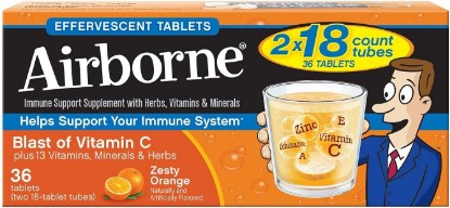 Picture of Vitamin C 1000mg (per serving) - Airborne Zesty Orange Effervescent Tablets (36 count in a box), Gluten-Free Immune Support Supplement and High in Antioxidants