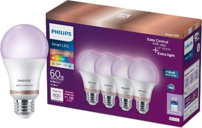 Picture of PHILIPS Smart Lighting Connected Light Bulbs, 4-Pack, Color A19 60W 800LM E26 Indoor LED Lights, Smart Bulbs with Motion Detection, Control with Voice or App
