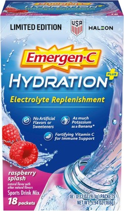 Picture of Emergen-C Hydration+ Vitamin C Sports Drink Mix, Raspberry, 18 Packets | Electrolytes for Hydration, 75% Less Sugar, Non-GMO, Vitamin C, Zinc and Manganese, Sports Formula
