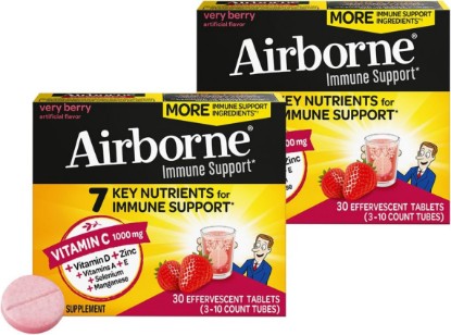 Picture of Airborne 1000mg Vitamin C with Vitamin D + Zinc Sugar Free Multivitamin Immune Support Effervescent Fizzy Drink Tablets, Very Berry Flavor with Powerful Antioxidants VIT A C & E, 30 Tablets (2 Pack)