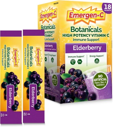 Picture of Emergen-C Elderberry Vitamin C Immune Support Powder, 18 Packets | High Potency Vitamin C, Zinc and Manganese, B Vitamins, Botanical, Gluten Free, Caffeine Free
