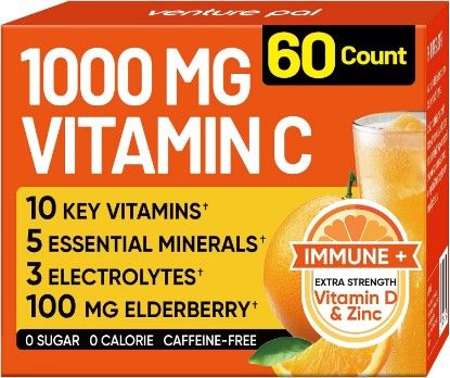 Picture of Venture Pal 1000mg Vitamin C Powder with Zinc, Elderberry, Sugar Free | B Complex, 10 Vitamins, Minerals & Electrolytes, Vitamin C Supplements for Emengency Immune & Energy Support, 60 Packets