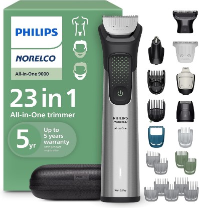 Picture of Norelco Philips All-in-One 9000 23-in-1 Trimmer, Face, Hair & Body, Steel | Beard Styler, Nose, Detail Trimmer, Body Shaver, Hair Clipper, Steel Blades, 29 lengths, 6-Hr Runtime, Showerproof, MG9575/49