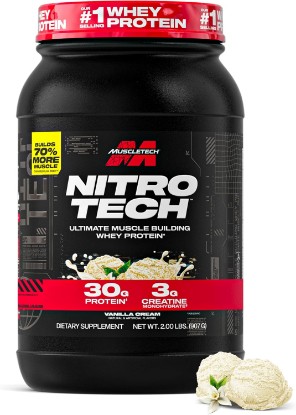 Picture of MuscleTech Whey Protein Powder (Vanilla Cream, 2.2LB) - 30g Protein | Nitro-Tech Ultimate Muscle Building Formula with Whey Protein Isolate - 3g of Creatine & 6.8g of BCAA - Packaging May Vary