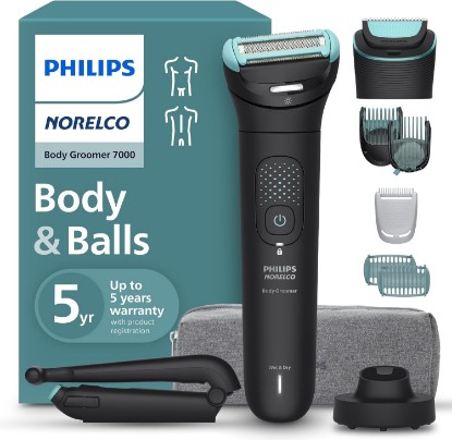 Picture of Philips Norelco Body Groomer 7000 Series, Waterproof Men's Full Body Groomer with Travel Case, Triple Protect Shave System & Body Hair Trimmer with Contour-Following 2D Flexing Head, BG7490/50 | Dual Head Trim & Shave,11 Lengths, Bi-Directional Shave Comb, Back Attachment, 120-Min Runtime, 100% Showerproof, BG7490/50