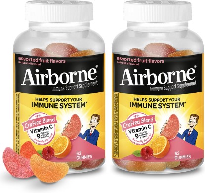 Picture of Airborne 750mg Vitamin C Gummies for Adults, Immune Support Supplement with Powerful Antioxidants Vitamins A C & E - 2x63ct Bottles (126 Gummies), Assorted Fruit Flavor | Antioxidants Vitamins A, D & E + Zinc, Selenium, and Manganese, Herbal Blend, Naturally Flavored Supplements, Immune health