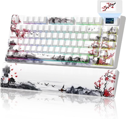 Picture of Womier 75% Wireless Mechanical Keyboard with Color Multimedia Screen | Gaming Creamy Keyboard, Theme 3-Modes Hot Swappable Key board w/Wrist Rest,SK80 PRO Gasket RGB Custom for Mac/Win,Red Plum