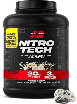 Picture of MuscleTech Whey Protein Powder (Cookies & Cream, 4LB) - 30g Protein | Nitro-Tech Ultimate Muscle Building Formula with Whey Protein Isolate - 3g of Creatine & 6.8g of BCAA - Packaging May Vary