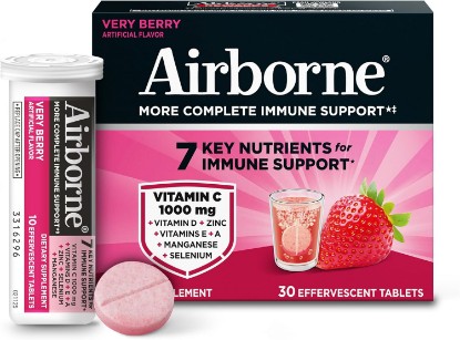 Picture of Airborne Immune Support Effervescent Tablets, Very Berry Flavor - 30ct with 1000mg Vitamin C + Vitamins A, D, E, Zinc, Selenium, Manganese & Herbal Blend - Sugar‑Free, Gluten‑Free