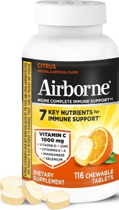 Picture of Airborne Citrus Chewable Tablets, 116ct | Immune Support Supplement with 1000mg Vitamin C + Vitamins A, D, E, Zinc,Selenium, & Manganese | Herbal Blend | Gluten Free