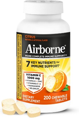 Picture of Airborne 1000mg Vitamin C Immune Support Citrus Chewable Tablets, 200ct | Antioxidants Vitamins A, D & E + Zinc, Selenium, and Manganese, Herbal Blend, Multivitamin Supplements, Immune Health, Tasty