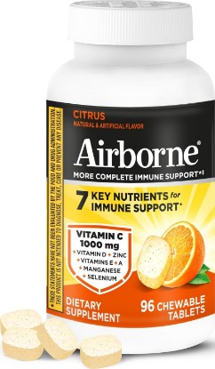 Picture of Airborne Vitamin C 1000mg (per Serving) - Citrus Chewable Tablets (96 Count in a Box) - Packaging May Vary | Antioxidants Vitamins A, D & E + Zinc, Selenium, and Manganese, Herbal Blend, Multivitamin Supplements, Immune Health, Tasty