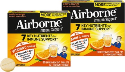 Picture of Airborne 1000mg Vitamin C + Zinc Sugar Free Multivitamin Immune Support Effervescent Fizzy Drink Tablets, Zesty Orange Flavor with Powerful Antioxidants Vitamins A C & E, 30 Tablets (2 Pack)