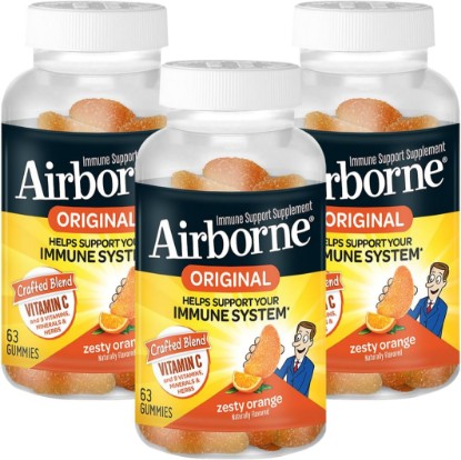 Picture of Airborne 750mg Vitamin C Immune Support Supplement Gummies for Adults, Zesty Orange Flavor, Gluten Free Crafted Blend with Powerful Antioxidants Vitamins A C & E, 63 Gummies (3 Pack)