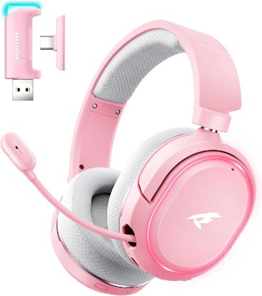Picture of Wireless Gaming Headset, 7.1 Surround Sound, 2.4GHz USB Gaming Headphones with Bluetooth 5.4, 100H Battery, ENC Noise Canceling Mic, RGB Light, Wireless Headset for PC PS5 PS4 Mac Switch (Gray-Pink)