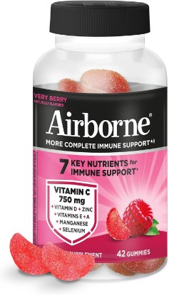 Picture of Airborne 750mg Vitamin C Gummies For Adults, Immune Support Supplement with Powerful Antioxidants Vitamins C & E - 42 Gummies, Very Berry Flavor