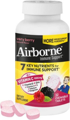 Picture of Airborne Vitamin C 1000mg (per Serving) Very Berry Chewable Tablets (32 Count in a Box), Gluten-Free Immune Support Supplement, with Vitamins A C E, ZINC, Selenium, Echinacea & Ginger, Antioxidants