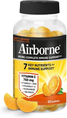 Picture of Airborne Immune Support Gummies, Zesty Orange Flavor, 63 ct - 750 mg Vitamin C + Vitamins A, D & E + Zinc, Selenium, and Manganese | with Herbal Blend | Naturally Flavored