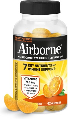 Picture of Airborne Immune Support Gummies, Zesty Orange Flavor, 42 ct - 750 mg Vitamin C + Vitamins A, D & E + Zinc, Selenium, and Manganese | with Herbal Blend | Naturally Flavored