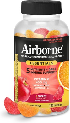 Picture of Airborne Immune Essentials Gummies, Orchard Fruit, 132ct | 400mg Vitamin C + Vitamins A, D, E, Zinc & B Vitamins | Daily Immune Support Gummies | Gluten Free, No Artificial Flavors | Antioxidants Vitamins A, D & E, Zinc, B Vitamins, Herbal Blend, Daily Immune Support Supplements, No Artificial Flavors