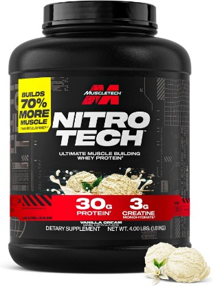 Picture of MuscleTech Whey Protein Powder (Vanilla Cream, 4LB) - 30g Protein | Nitro-Tech Ultimate Muscle Building Formula with Whey Protein Isolate - 3g of Creatine & 6.8g of BCAA - Packaging May Vary