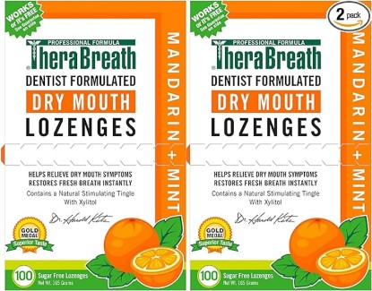 Picture of TheraBreath Dry Mouth Lozenges with Zinc, 100 Lozenges, Mandarin Mint, 100 Count (Pack of 2) | With Zinc, Mouth Dryness and Halitosis, Sugar-Free
