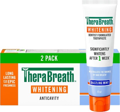 Picture of TheraBreath Whitening Toothpaste, Dazzling Mint, 4 oz, 2-Pack | Gentle Peroxide-Free, Teeth Whitening In 1 Week, With Fluoride, Anticavity Protection
