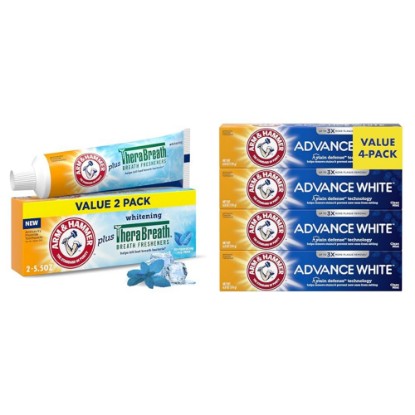 Picture of Arm & Hammer Toothpaste Plus TheraBreath Breath Fresheners, Invigorating ICY Mint Flavor & Advance White Toothpaste, Clean Mint Flavor, Stain Defense Technology, 6.0oz (4-Pack)