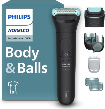 Picture of Philips Norelco Body Groomer 5000 Series, Intimate Hair Trimmer & Shaver for Men with Dual 100% Showerproof Full Body Shave & Trim Heads and Two Bi-Directional Body Hair Combs, BG5495/50 | Skin-Friendly Dual Head Trim & Shave, Bi-Directional Shave Combs, 11 Lengths, 100-Min Runtime, 100% Showerproof, BG5495/50