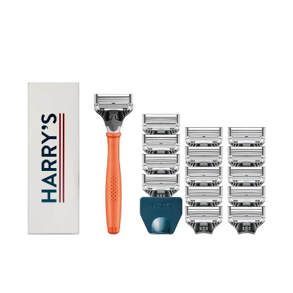 Picture of Harry's Original Shaving Kit for Men - Razor Handle, 15 Razor Blade Refills | Includes Travel Blade Cover - German Engineered - Orange