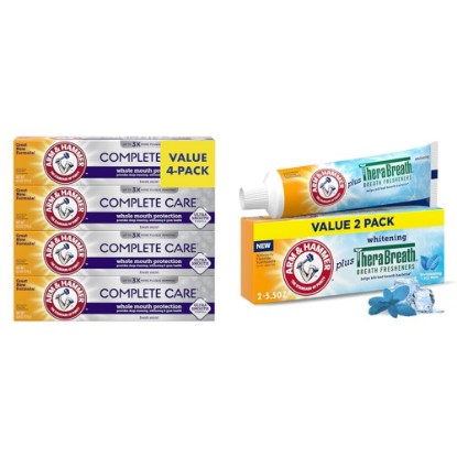 Picture of Arm & Hammer Complete Care Toothpaste, Fresh Mint Flavor, Whole Mouth Protection, 6.0oz (4-Pack) & Toothpaste Plus TheraBreath Breath Fresheners, Invigorating ICY Mint Flavor
