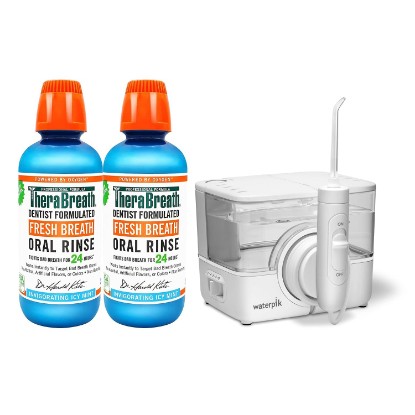Picture of Waterpik ION Professional Cordless Portable Water Flosser With 7 Flossing Tips & TheraBreath Fresh Breath Dentist Formulated Oral Rinse, ICY Mint, 16 Ounce (Pack of 2)