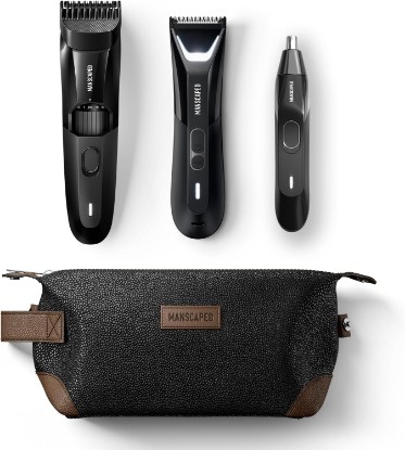 Picture of MANSCAPED Body, Beard & Face Bundle 5.0 - The Lawn Mower® 5.0 Ultra Groin & Body Hair Groomer, The Beard Hedger® Premium Trimmer, Weed Whacker® 2.0 Nose & Ear Hair Razor, The Shed Toiletry Bag