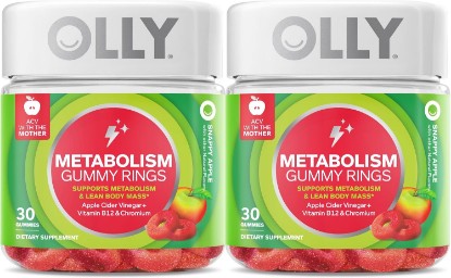 Picture of OLLY Metabolism Gummy Rings, Apple Cider Vinegar, Vitamin B12, Chromium, Energy and Digestive Health, Chewable Supplement, Apple Flavor, Twin Pack - 60 Count