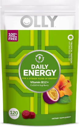 Picture of OLLY Daily Energy Gummy, Caffeine Free, Vitamin B12, CoQ10, Goji Berry, Adult Chewable Supplement, Tropical Flavor - 120 Count Pouch